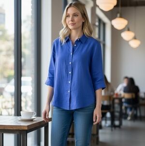 Chico's Linen No Iron Royal Blue Button-Down Shirt